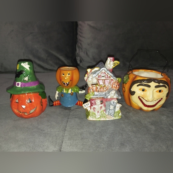 NIB TEA LIGHT HALLOWEEN CANDLE HOLDERS CERAMIC HAND-CRAFTED BUNDLE & CANDY BOWL - Picture 2 of 16